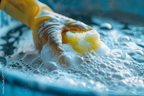 Close-up of a bucketful of soapy water with a rubber-gloved hand holding a cleaning sponge 