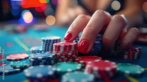 At a table in a casino, a woman's immaculate hands holding casino games chips quite vivid chips to choose around and space, Generative AI.