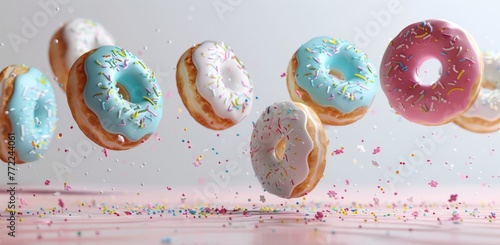 Floating donuts with colorful icing and sprinkles captured mid-air against a pastel background, exuding a playful and appetizing vibe