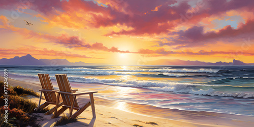 Illustration of seaside beach with sunset
