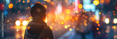 Silhouette against vibrant city lights backdrop - A backlit silhouette stands against a cityscape flooded with bokeh lights, symbolizing urban life and anonymity in the crowd