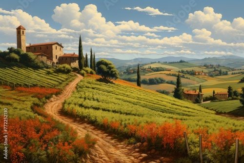Vibrant Retro italian landscape view. House european. Generate Ai