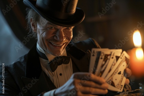 Magician Joker face with funny smile character in top hat smiling while holding up cards. Generative AI.