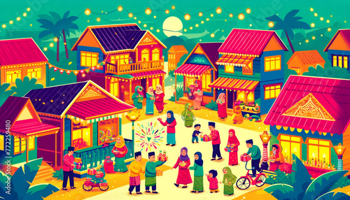 Hari Raya Puasa, families in vibrant traditional attire visiting each other's homes, exchanging gifts and sweet treats