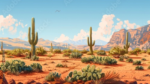 A desert scene with a cactus and a bird flying in the sky