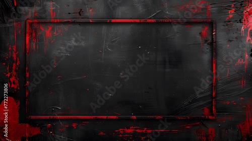 Intense red distressed edge on dark backdrop, vibrant red paint strokes on black wall