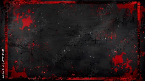 Dynamic red distressed border on isolated black backdrop, striking red paint strokes on black wall