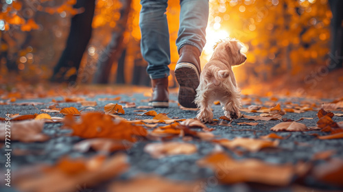 A cheerful small dog and owner trotting on a wet autumn path, a cozy scene of pet companionship in drizzly weather