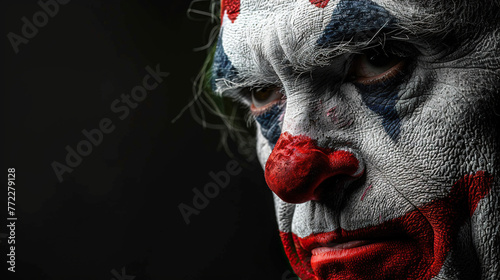 World Circus Day. Holiday concept. a man with joker face makeup or paint, scarry look, background, banner, card, poster, Halloween 