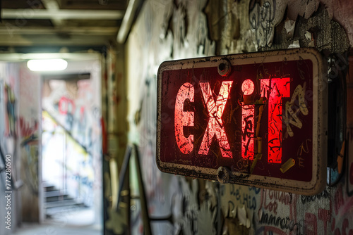Emergency exit sign, with writing “exit” 