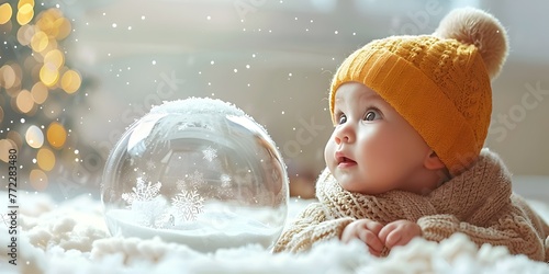 A curious and delighted baby is transfixed by the mesmerizing sight of a snow globe filled with a swirling flurry