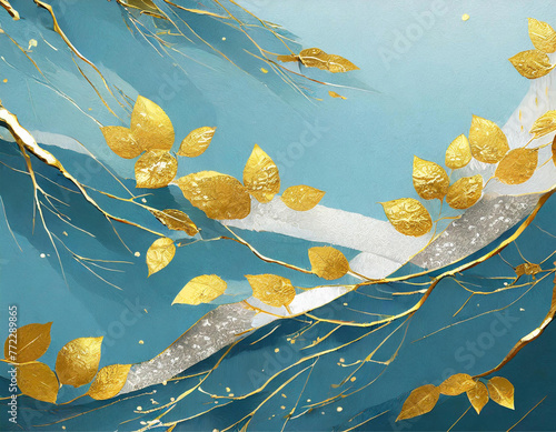金箔などをあしらった、青い夏らしい日本風の背景素材。