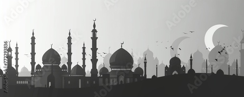 Illustration of abstract ramadan kareem mosque, arabic muslim mosques and minarets, religious eastern architecture, background.