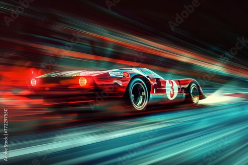 High-speed racing car, motion blur effect, competitive motorsport event, race track background, digital art illustration