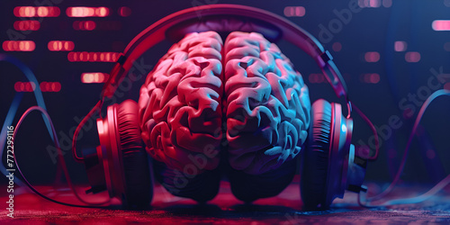 Music brain and musical therapy. Human brain with headphones. generative ai 