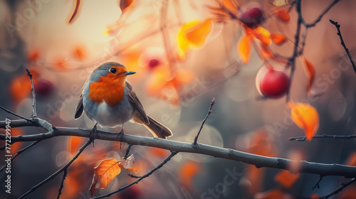 robin bird in autumn on a twig outdoor in nature