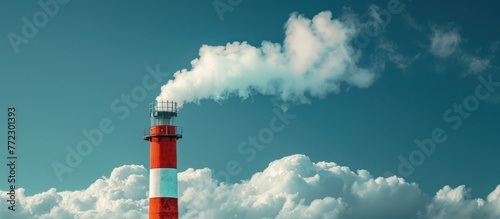 Smoke billowing from a red and white chimney of smoke into the sky.