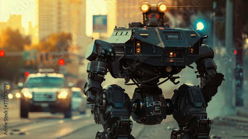 AI police robot in pursuit, dynamic motion, neon cityscape, high-intensity cinematic scene