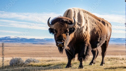  A large, brown buffalo atop a dry grass field, adjacent to a tall wooden pole Mountain backdrop