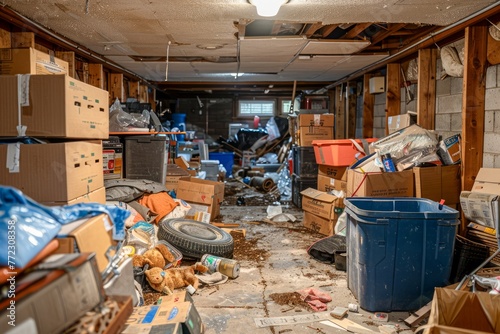 Cluttered Basement with Boxes, Debris and Damaged Interiors, Concept of Hoarding, Renovation or Water Damage