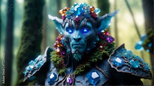  A tight shot of a woodland figurine depicting a demon, its blue eyes gazing intently, encircled by a wreath