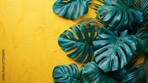 banner with tropical leaves, green, yellow