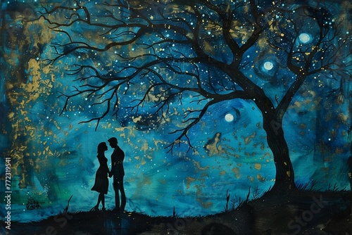 Fantasy Blue Tree Silhouette with Couple Underneath