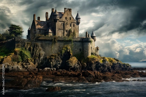 Ominous Scot scottish castle. Fortress travel. Generate Ai