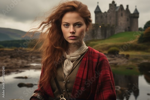 Elegant Scot woman skirt scottish castle. Tower palace. Generate Ai