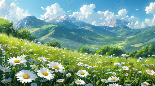 Spring landscape with meadow daisies in the grass. Natural summer panorama.
