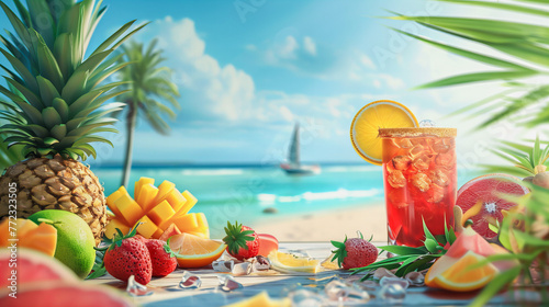Um drinque de frutas tropicais arranjadas em composição com diversas frutas frescas, ao fundo um lindo mar com uma praia levemente desfocada, 