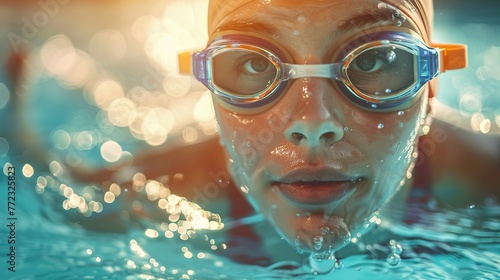 Portrait of a female swimmer in a swimsuit and underwater goggles in a pool underwater. Swimming competition