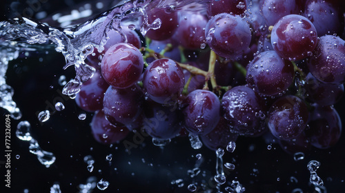 A bunch of purple grapes falling into darkness, water patterns emerging