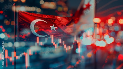 Turkey business skyline with stock exchange trading chart double exposure with the Turkish flag, trading stock market digital concept 