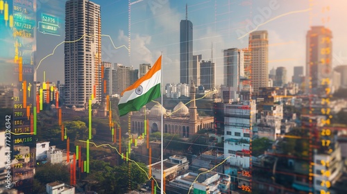 India business skyline with stock exchange trading chart double exposure with Taj Mahal and India flag, Asia trading stock market digital concept 