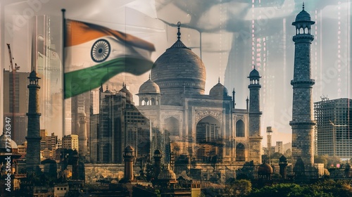 India business skyline with stock exchange trading chart double exposure with Taj Mahal and India flag, Asia trading stock market digital concept 