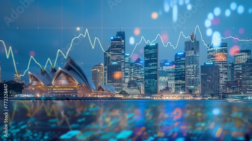 Australia business skyline with stock exchange trading chart double exposure, trading stock market digital concept 