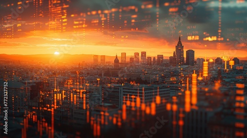 Spain Madrid business skyline with stock exchange trading chart double exposure, Europe trading stock market digital concept 