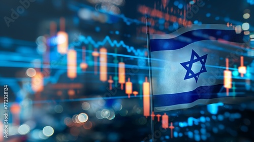 Israel business skyline with stock exchange trading chart double exposure with Israel flag, middle east trading stock market digital concept 
