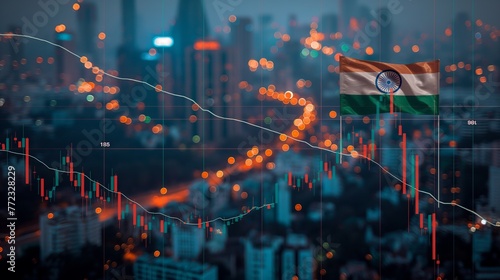 Mumbai business skyline with stock exchange trading chart double exposure with India flag, asia trading stock market digital concept 