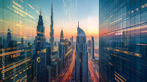 Dubai UAE business skyline with stock exchange trading chart double exposure with, middle east trading stock market digital concept 