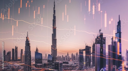 Dubai UAE business skyline with stock exchange trading chart double exposure with, middle east trading stock market digital concept 