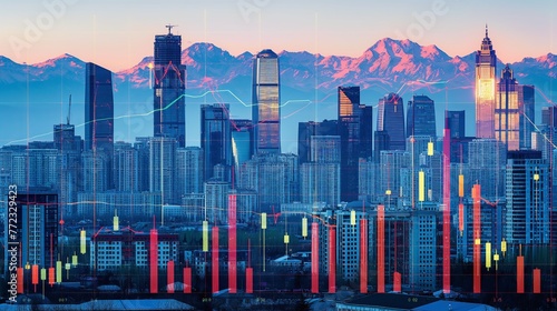 Kazakhstan business skyline with stock exchange trading chart double exposure, trading stock market digital concept 