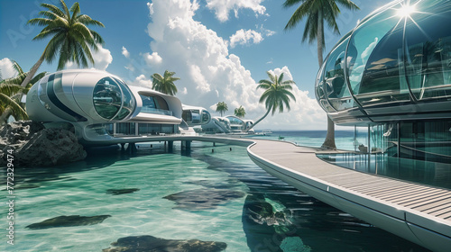Uma construção moderna em uma linda praia de águas claras, evocando o luxo dos hotéis paradisíacos