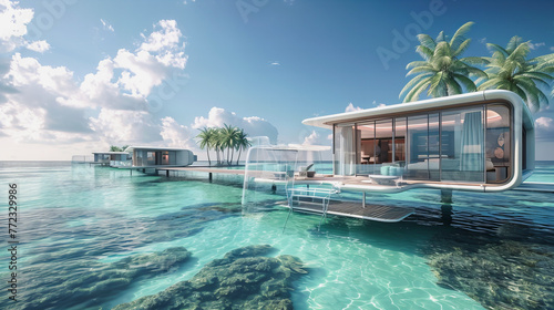 Uma construção moderna em uma linda praia de águas claras, evocando o luxo dos hotéis paradisíacos