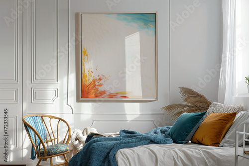 chambre blanche et lumineuse, dans appartement Haussmannien, lit avec linge bleu canard (teal) et jaune, chaise en osier et tableau Mock-up 