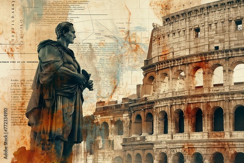 Great Roman Empire architecture and emperor caesar statue archeological historical illustration