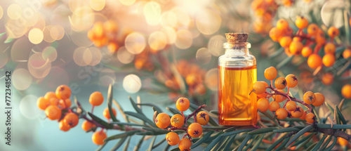 Sea buckthorn oil for skin regeneration, with a coastal cliff scene softly blurred