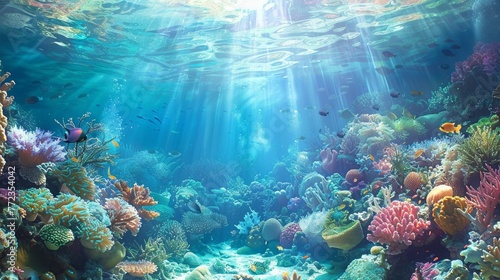 Scene of an underwater reef with exotic fishes and coral reefs