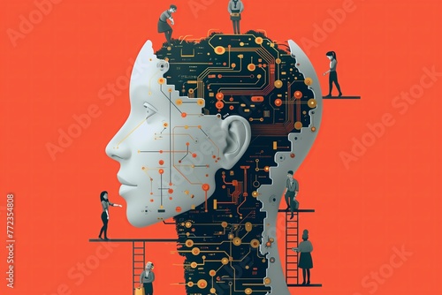 Creative team working on a high-tech IT project represented by a human head or brain with gears, blockchain and AI artificial intelligence, flat cartoon illustration clip art minimal UI UX